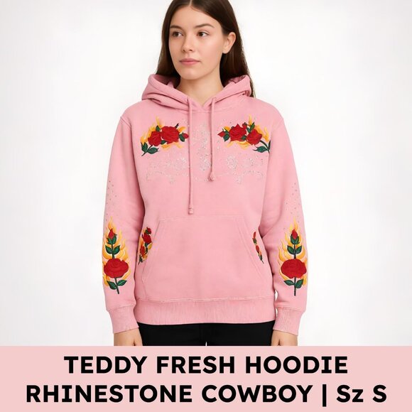 Teddy Fresh Tops - Teddy Fresh Rhinestone Cowboy Oversized Hoodie (S) Pink, Embroidered Roses